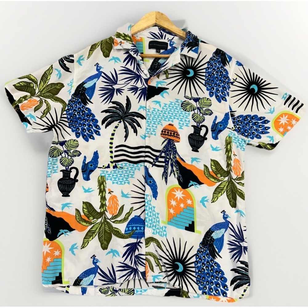 Vintage Y2K No Boundaries Shirt L  peacock print Rockabilly Camp Collar 90s